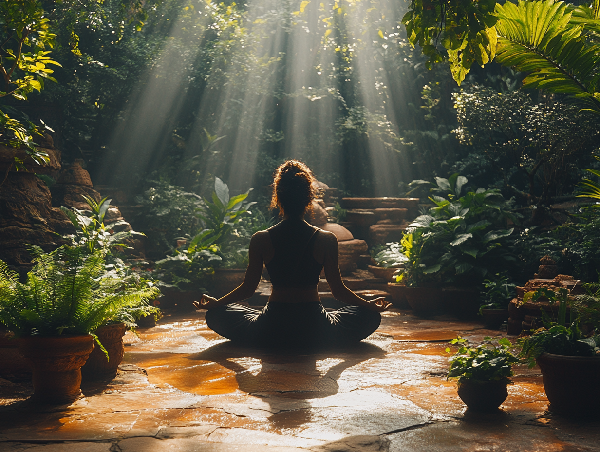 A serene image of a yogi in meditation under a tranquil Indian landscape. 